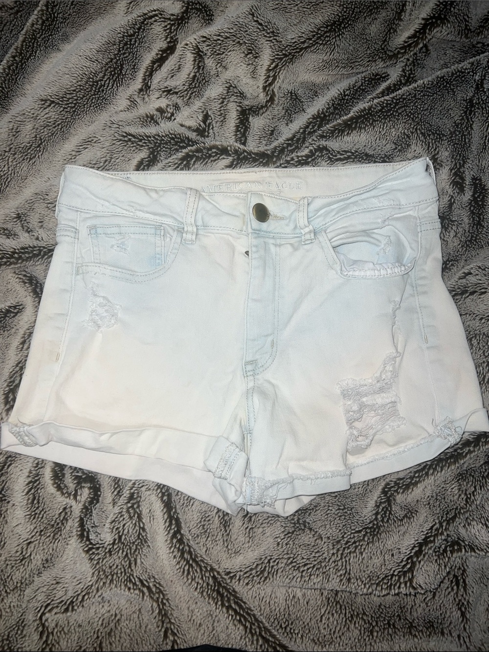 American Eagle Outfitters White/Light-blue Distressed Rolled-Hem Jean Shorts